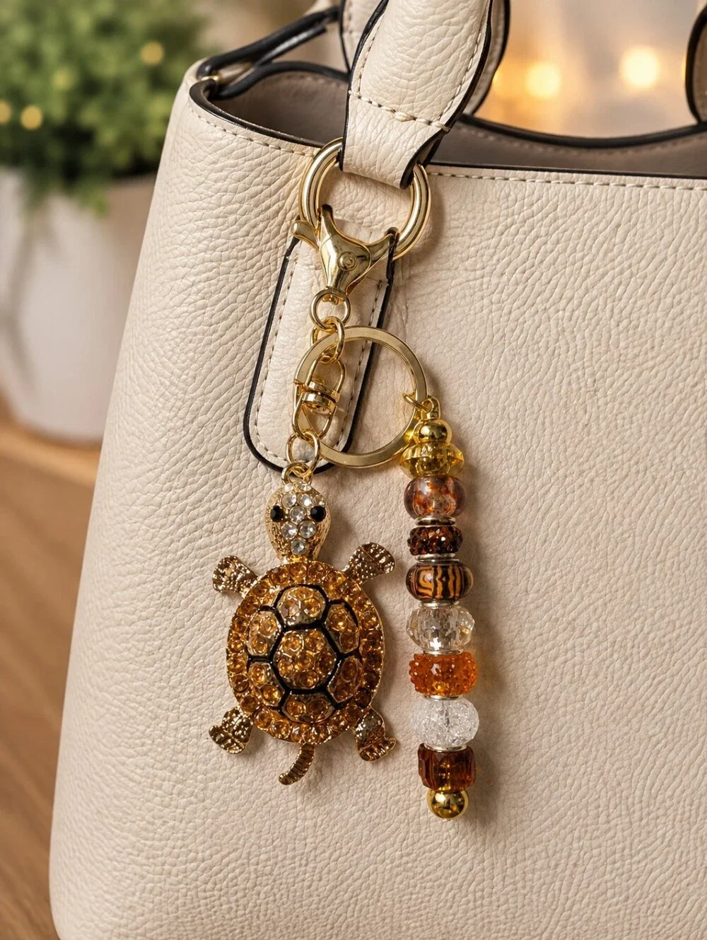 Gold Turtle Keychain Charm with Amber Beaded Accent - Bag Charm Accessory